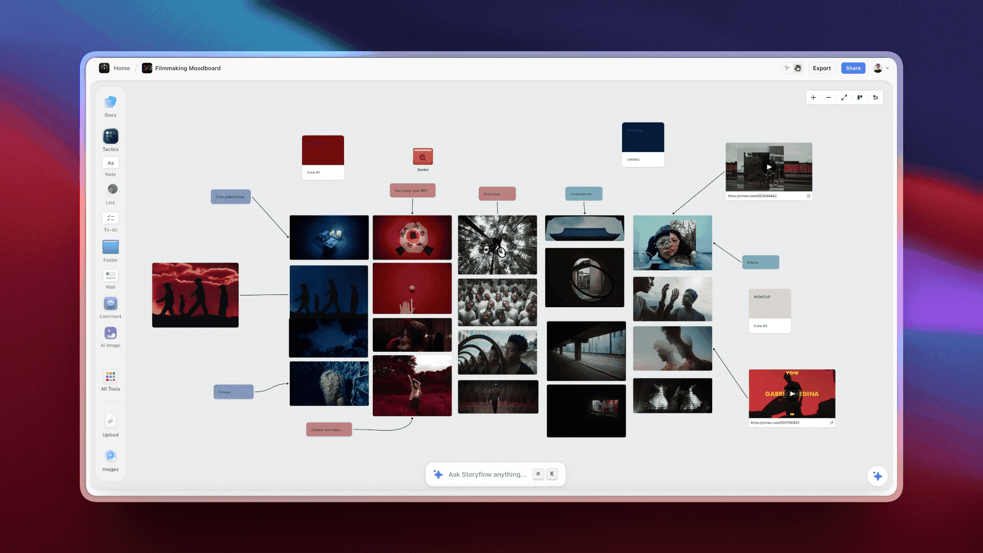 A Storyflow canvas sequencing panels and images into a visual narrative